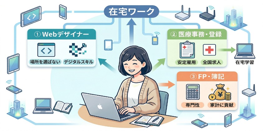 「在宅・オンライン講座」の給付金対象条件を解説したインフォグラフィック画像。中央にシングルマザーと子供。チェックリストで「✅双方向性」「✅課題提出・進捗管理」などの要件と、警告アイコンで「！注意：自治体の認定講座のみ対象」「自己判断NG！」の注意点が日本語テキストとアイコンで示されている。