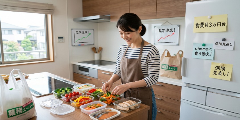 週末のキッチンで、日本人シングルマザーが笑顔で食材の下ごしらえをし、保存容器に詰めるリアルな写真。冷蔵庫には「食費月3万円台:まとめ買い!」「ahamoに乗り換え!」とリアルな日本語の付箋が貼られ、カウンターには業務スーパーの袋がある。背景には「黒字達成!」の手書き文字。