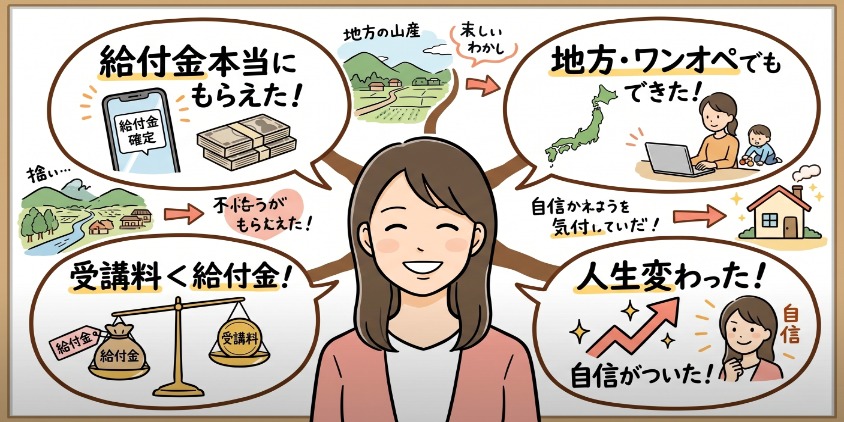 インターネット・アカデミーのシンママ受講生の良い口コミをグラレコ風に図解。給付金が本当にもらえた、地方・ワンオペでも学べた、受講料より給付金のほうが多かった、人生が変わった（自信）。