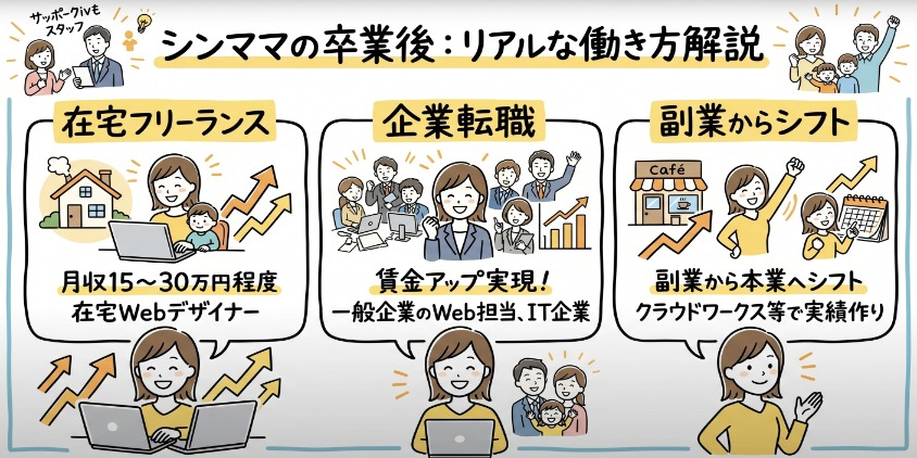 インターネット・アカデミー卒業後のシンママの働き方をグラレコ風に解説。在宅フリーランス（月収15〜30万円）、企業転職（賃金アップ）、副業からシフト。