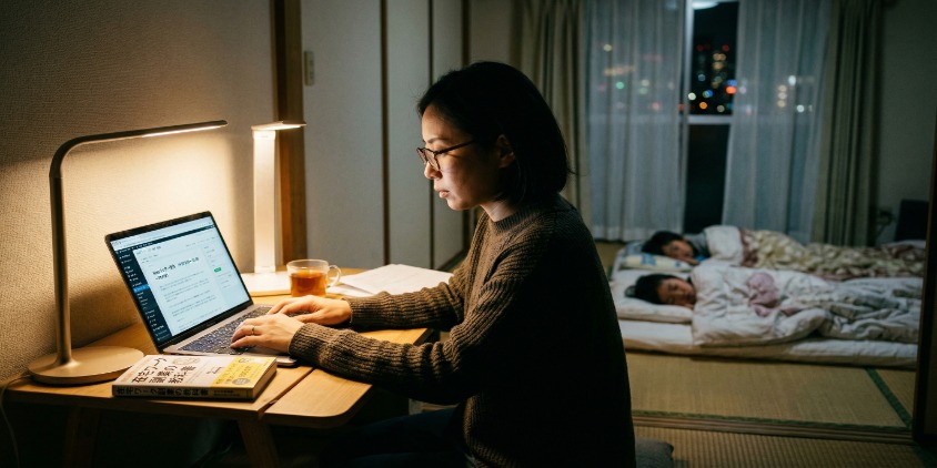夜のリビングで、子供が布団で眠る後ろ姿を背景に、日本人シングルマザーがパソコンに向かうリアルな写真。画面にはWebライターの案件が表示され、手元には「Webライター:月3万円プラス」「+¥30,000〜50,000」とリアルな日本語で書かれたメモが置いてある。