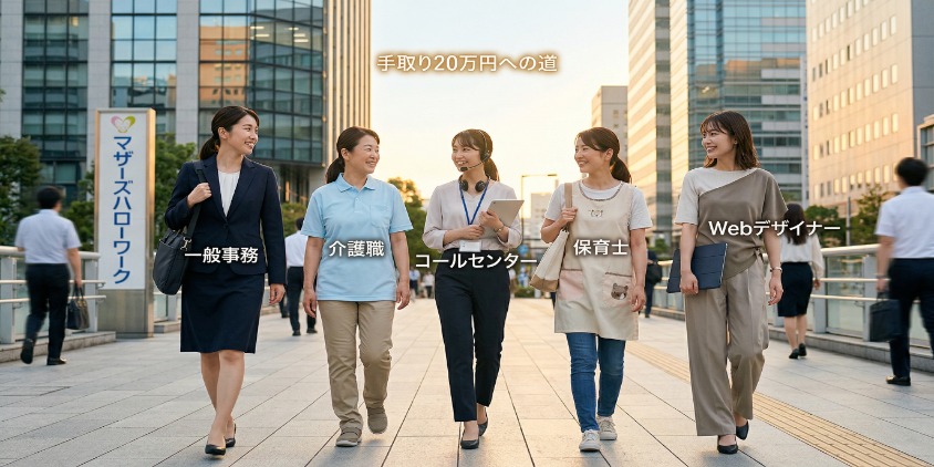 オフィス街の歩道を、自信を持って前進する5人の日本人女性のリアルなスナップ写真。それぞれ一般事務、介護職、コールセンター、保育士、Webデザイナーの服装をしており、頭上には「手取り20万円への道」という日本語テキストが輝いている。