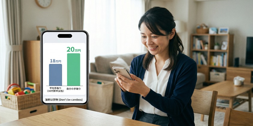 日本人シングルマザーが自宅のリビングで、平均手取り(18万円)と自分の手取り(20万円)を比較するリアルな棒グラフがパソコン画面に表示された状態で、真剣な表情で見つめるフォトリアルな写真。手元には「油断は禁物」と書かれた日本語の付箋が貼られた家計簿と、小さな貯金箱が置いてある。