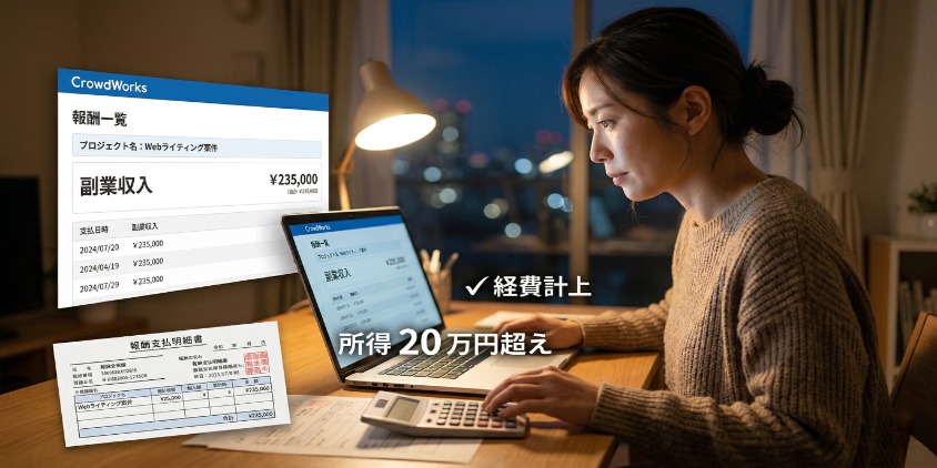 夜のリビングで、日本人シングルマザーが真剣な表情でパソコンに向かい、e-Taxサイトで確定申告書を作成するリアルな写真。手元には「副業支払調書」や「所得20万円超え」とリアルな日本語で書かれたメモが置いてある