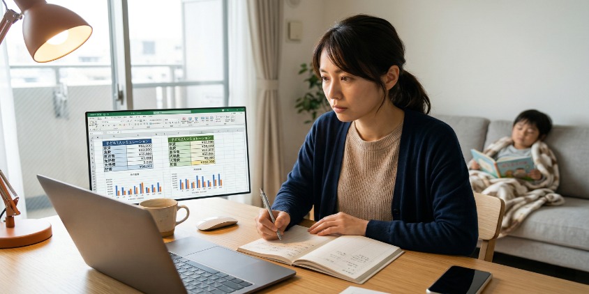 ソファでくつろぐ日本人シングルマザーがタブレット画面を凝視し、手取り20万円での家計シミュレーション画面で、「子ども1人:貯金3.5万円」と「子ども2人:貯金0.2万円」という棒グラフが比較されたリアルな写真。画面の光が彼女の真剣な表情を照らす。