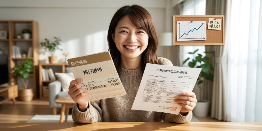 明るい日差しが差し込むリビングで、日本人シングルマザーが笑顔で銀行の通帳と「児童扶養手当決定通知書」を見つめるリアルな写真。通帳にはリアルな「給与 200,000」と「児童扶養手当 37,700(一部)」の記帳内容が日本語で確認できる。