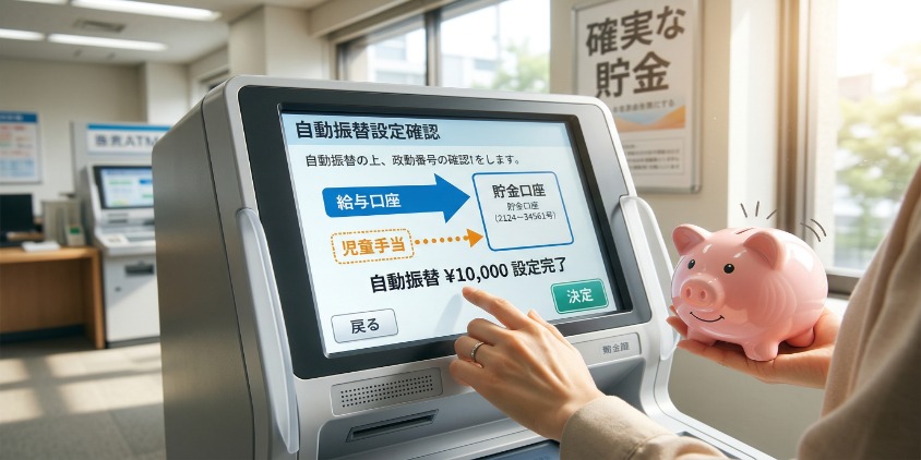 銀行のATMコーナーで、日本人シングルマザーが笑顔でATM画面を見つめるリアルな写真。画面には「自動振替設定」の日本語UIが表示され、「給与口座」から「貯金口座」へ「¥10,000」が移動する矢印が明確に描かれている。