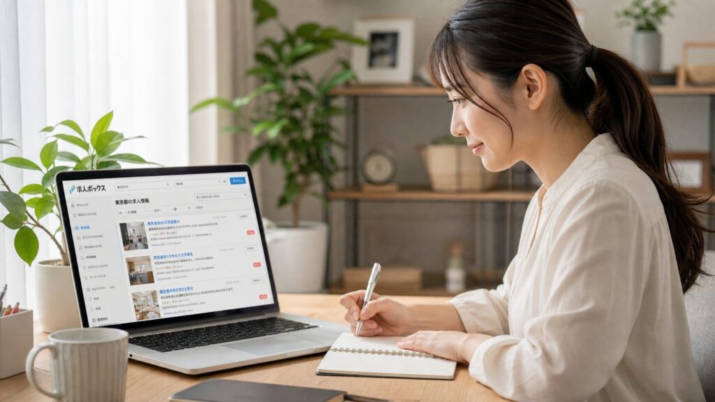 自宅のデスクでノートパソコンの求人サイトを見ながらメモを取る日本人女性