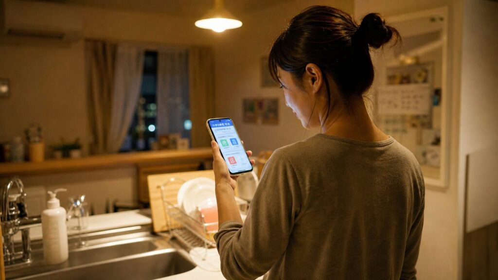 夜のキッチンでスマホの学習アプリを見つめる疲れた日本人シングルマザーの後ろ姿