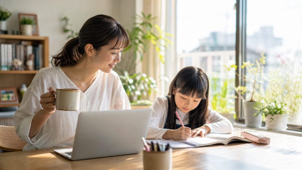明るい朝の窓辺でコーヒーとノートパソコンを開くシングルマザーと隣で宿題をする子どもの温かい家庭風景