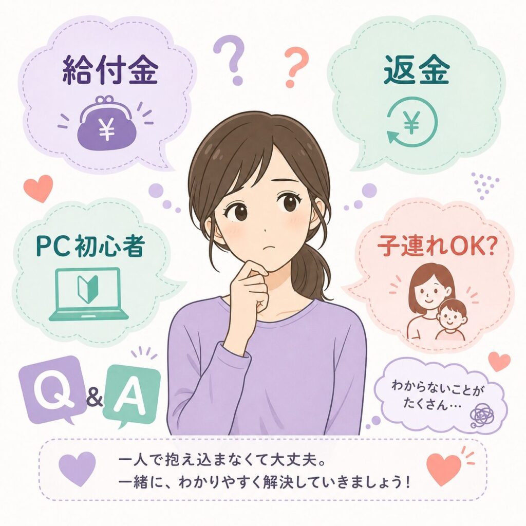 日本人シンママの顔の周りに「給付金」「返金」「PC初心者」「子連れOK?」などの日本語吹き出しが浮かぶQ&Aインフォグラフィック。疑問を整理し不安を解消する