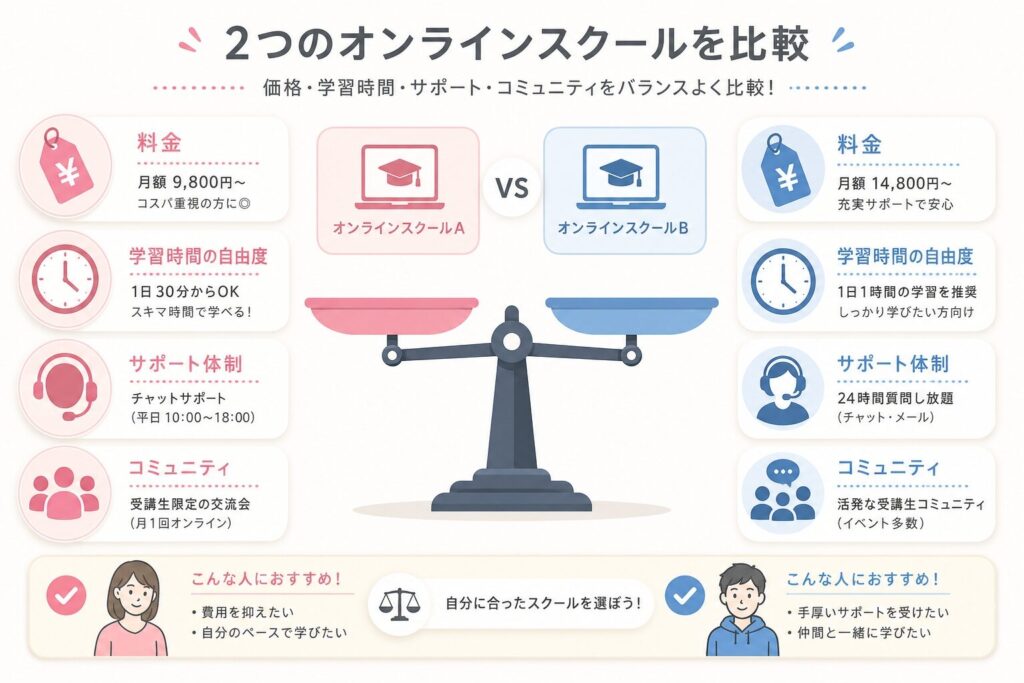 2つのオンラインスクールを天秤で比較するインフォグラフィック。料金・時間・サポート・コミュニティなどの要素が日本語ラベルで可視化され、シンママの選択をサポートする