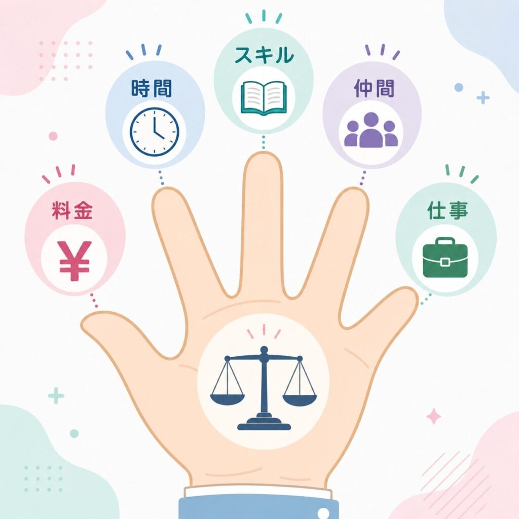 5本の指を広げた手のインフォグラフィック。各指に「料金」「時間」「スキル」「仲間」「仕事」の日本語ラベルとアイコン、中央に天秤マークで選択基準を視覚化