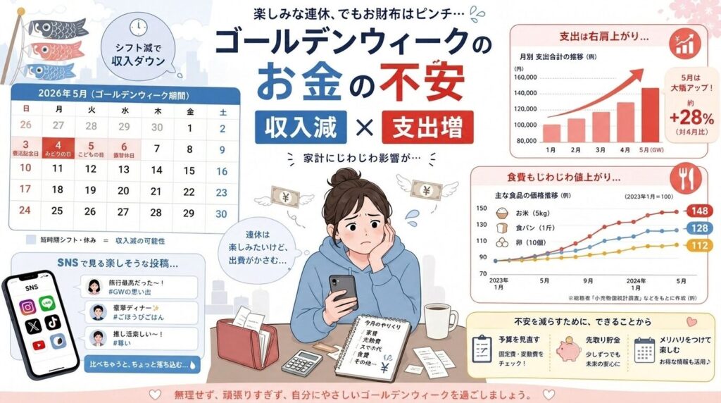 GW期間中の経済的ストレスを示すインフォグラフィック。シフト減が記されたカレンダー、上昇する支出グラフ、円マーク、食費増加のチャート、SNSアプリが表示されたスマホ画面。「収入減」「支出増」の日本語テキスト入り、パステルカラーの現代的なデータ可視化デザイン