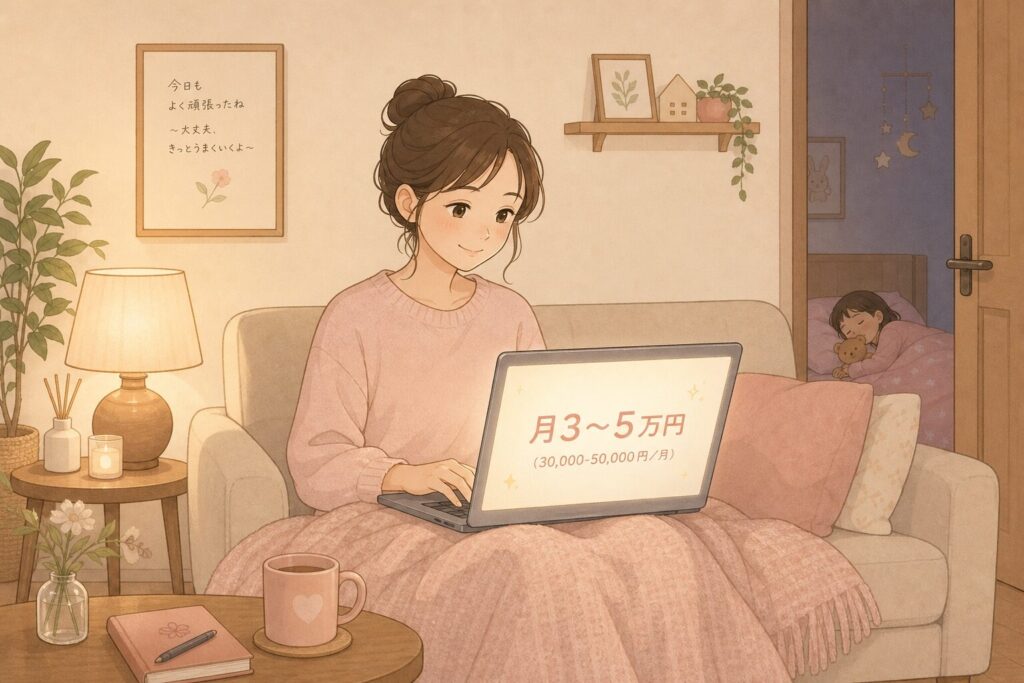 子どもが寝た後の静かなリビングで、ソファに座り穏やかにPCに向かう日本人シンママ。画面には「月3〜5万円」の文字が優しく光り、副業スタートの希望を表現