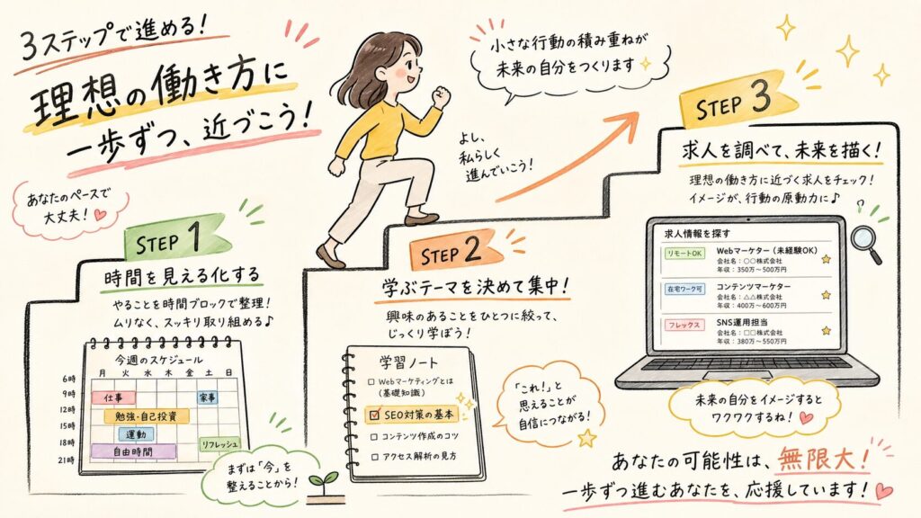 : 時間の確保・内容の絞り込み・見直しの3ステップを階段状に表現したグラフィックレコーディング図