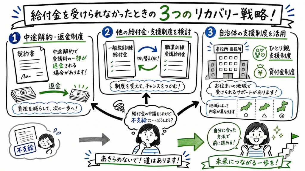 給付金が降りなかった場合の3つのリカバリー策を手描きで図解。1)中途解約・返金制度で未受講分返金、2)一般教育訓練や職業訓練受講給付金への切替、3)ひとり親支援制度・貸付金制度の活用。不安な表情から希望を持つ表情への変化と複数の選択肢を矢印で表現

