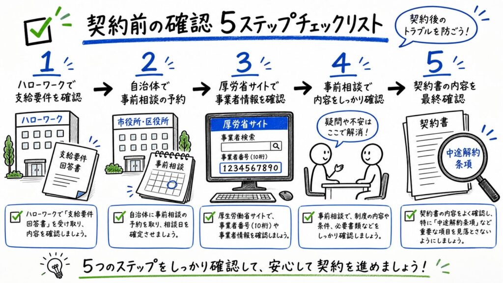 インターネット・アカデミーで使う給付金に関する5つの質問と回答を手描きで図解。1)パート勤務OKとチェックマーク、2)ハローワークと雇用保険期間確認書類、3)専業主婦シンママと承認シンボル、4)カレンダーと振り込み1-2ヶ月、5)非課税所得で確定申告不要。吹き出しと矢印で表現