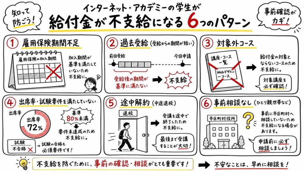 給付金が降りない6つのパターンを手描きで図解。1)雇用保険期間不足、2)過去受給、3)対象外コース、4)出席率・試験、5)途中解約、6)事前相談なしを日本語ラベルとアイコンで表現したホワイトボード風イラスト