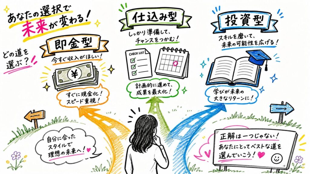 3つの道に分かれる分岐点を示すグラフィックレコーディング風イラスト。即金型(現金アイコン)、仕込み型(チェックリストとカレンダーアイコン)、投資型(教育本アイコン)を表す3つのルート。決断する日本人女性のシルエット、カラフルなマーカーで描かれた手描きスケッチスタイル