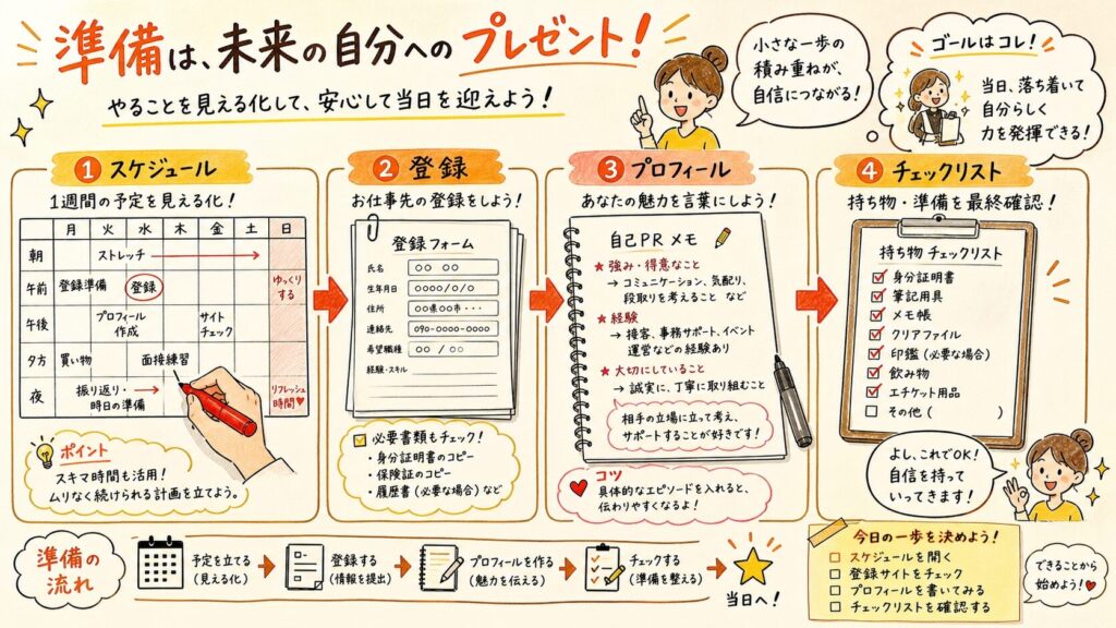 準備ワークフローを示すグラフィックレコーディング。赤ペンで記入される週間スケジュール表、求人サイト登録フォーム、プロフィール作成メモ、チェックされるチェックリスト。吹き出し付きの手描きイラスト、「スケジュール」「プロフィール」「登録」の日本語ラベル、温かみのある配色の整理されたレイアウト

