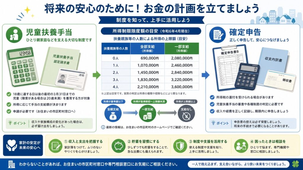  金融計画の概念を示すインフォグラフィック。電卓、公的書類、児童扶養手当の所得制限チャート、確定申告書類。「児童扶養手当」「確定申告」の日本語テキスト。アイコンと矢印で整理されたレイアウト、青と緑の専門的な配色、明確で分かりやすい視覚的階層構造