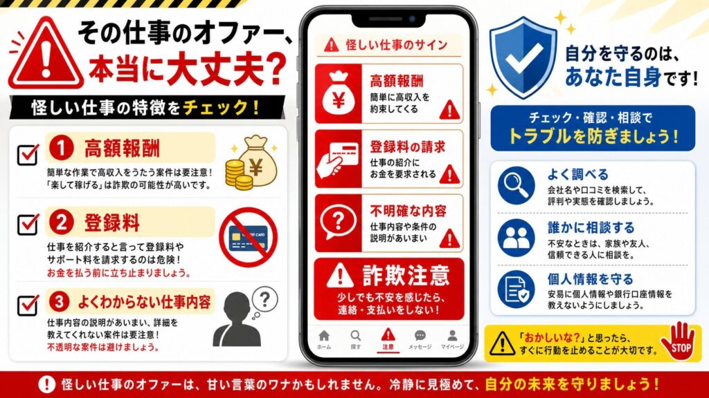  怪しい仕事の勧誘に対する警告チェックリストを示すインフォグラフィック。赤い警告サインが表示されたスマホ画面、「高額報酬」「登録料」「詐欺注意」の日本語ラベル、保護を示す盾アイコン、勧誘を精査する虫眼鏡、警告色(赤・黄色)の注意シンボル。クリーンで現代的な教育的デザイン