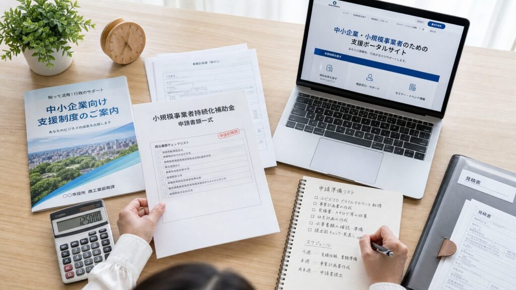 給付金書類・電卓・パソコンを前に制度を確認する日本人女性の手元を俯瞰で捉えたデスクワーク風景