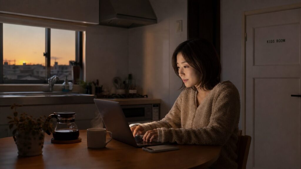早朝5時、薄暗いキッチンで静かにノートPCで作業する日本人母親。ノートPC画面からの温かい光、コーヒーカップから立ち上る湯気。背景には閉じられた子ども部屋のドア、窓から差し始めるゴールデンアワーの光。穏やかで集中した雰囲気のライフスタイル写真