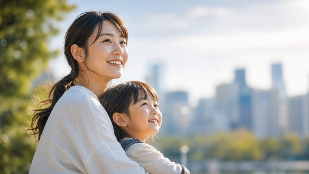 希望と決意に満ちた笑顔で明るい未来を見つめる日本人シングルマザーと幼い子ども。温かい自然光、ソフトなボケ味の背景の屋外設定。母と子の感情的なつながり、前向きな変化と新しい可能性を表現。感動的で心温まる雰囲気の映画的なクオリティのライフスタイル写真