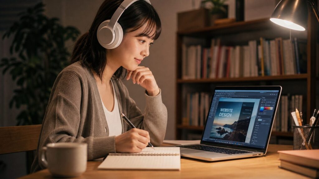 自宅でノートPCを使ってオンライン学習する日本人女性。ヘッドホンを着用しノートにメモを取る姿。画面にはWebデザインや動画編集ソフトのインターフェース。意欲的な表情、夕方の照明、背景に本棚と観葉植物。成長と学びの雰囲気、プロフェッショナルながら親しみやすいシーン