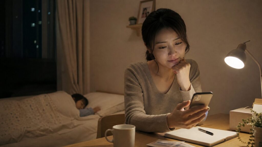 夜、スマートフォンを見つめる30代日本人シングルマザー。不安と希望が入り混じった表情で、背景には眠る子どもの姿。温かいデスクライトの光に照らされた居心地の良い部屋で、決意と脆さを感じさせるシーン
