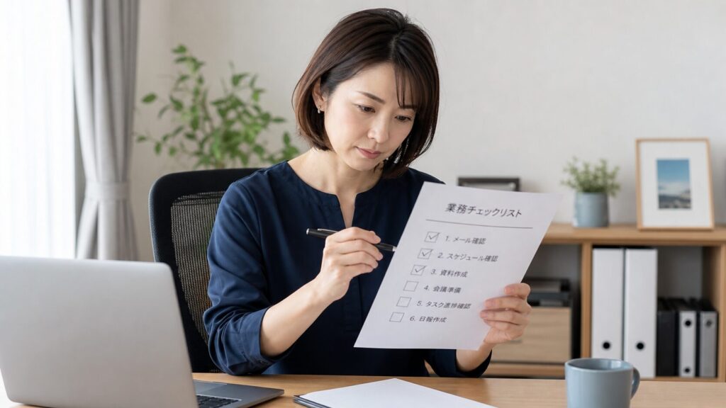 チェックリスト書類を確認する集中した表情の日本人女性(30代)。6項目の箇条書きをペンでチェック中