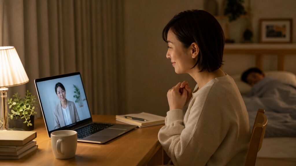 インターネット・アカデミーで無料カウンセリングを受けている女性

