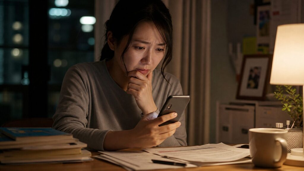 夜の自室でスマホを見つめる不安そうな日本人女性(30代)。給付金が降りないかもしれないという心配で情報検索する様子
