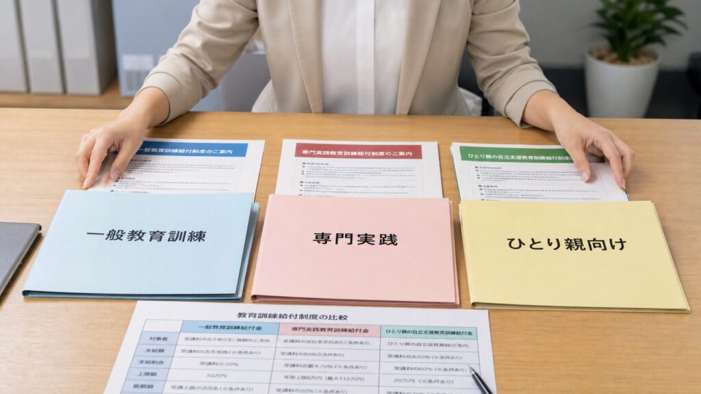3種類の給付金制度を示す書類を整理する日本人女性の手元。「一般教育訓練」「専門実践」「ひとり親向け」とラベル付けされたフォルダー
