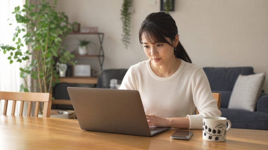 ダイニングテーブルでノートPCとスマートフォンを使って在宅ワークをする30代日本人女性。窓から差し込む温かい自然光、コーヒーカップが傍らに。カジュアルで快適な服装、集中した表情。現代的な日本のアパート、背景に観葉植物。前向きで生産的な雰囲気のライフスタイル写真
