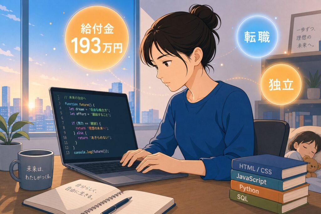 真剣な表情でコーディング画面に集中する日本人シンママ。背景には「給付金193万円」「転職」「独立」の日本語キーワードが浮かび、本気のキャリアチェンジへの決意を描く