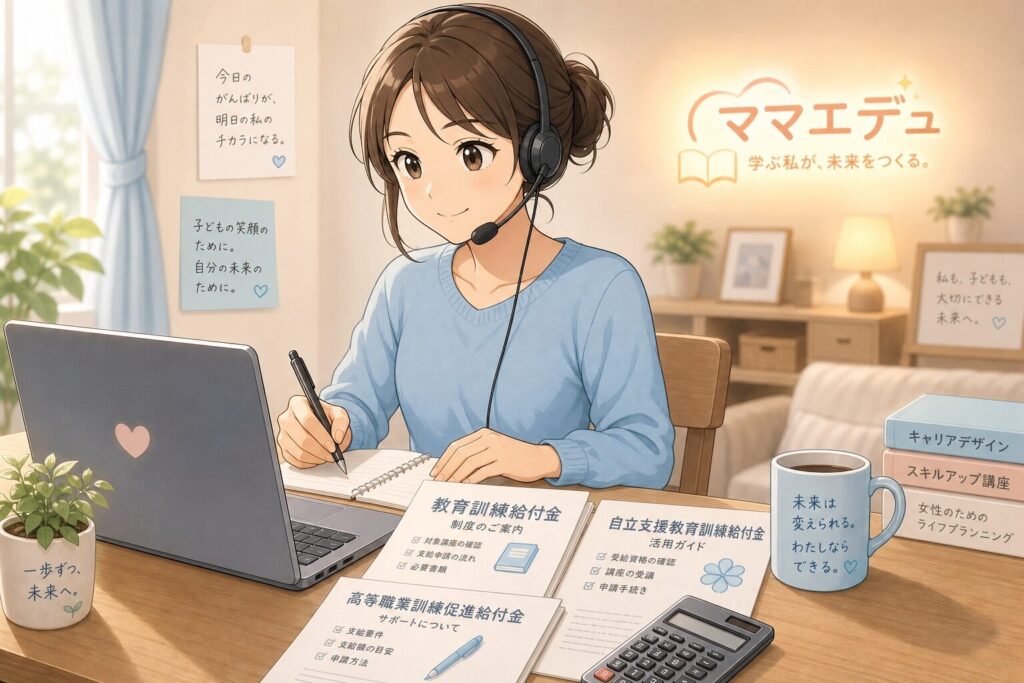 ヘッドセットをつけてオンライン授業を真剣に受講する日本人シンママ。手元には給付金書類と電卓があり、背景に「MamaEdu」ロゴが優しく浮かぶ