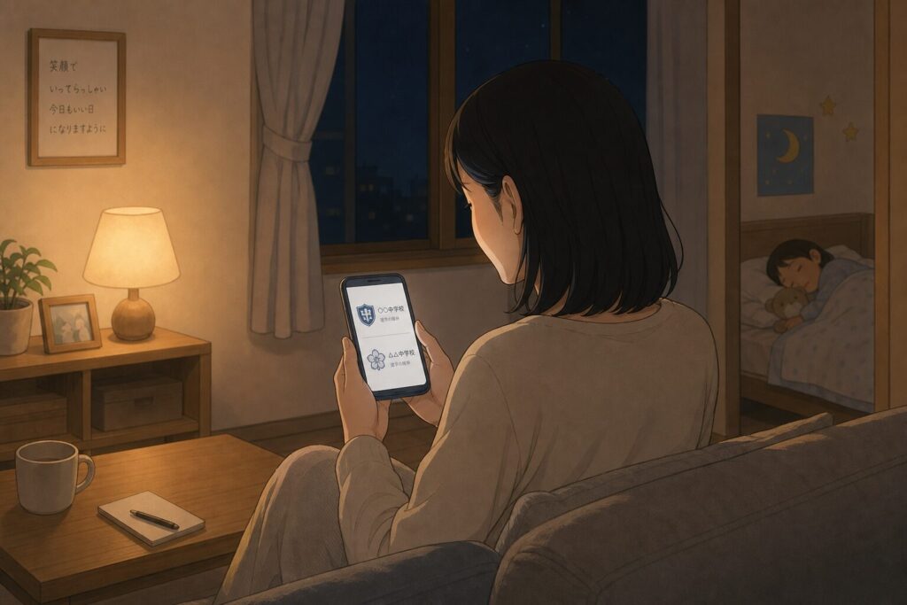 深夜のリビングでスマホを見つめながらスクール選びに悩む日本人シンママの後ろ姿。画面には2つのオンラインスクールのロゴが映り込み、温かい照明が孤独な選択の時間を照らす