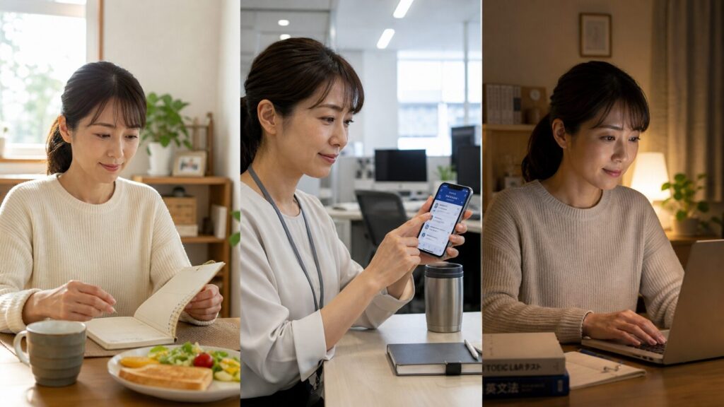 朝・昼・夜の3つの時間帯で勉強する日本人シングルマザーの分割画面構成