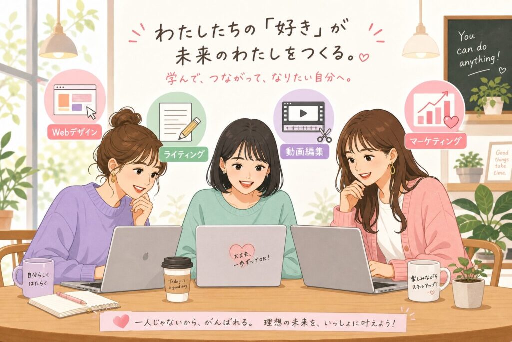 明るいカフェ風の空間でノートPCを開き笑顔で学ぶ日本人女性たち。画面周辺にはWebデザイン・ライティング・動画編集など50種類以上の多彩なコースアイコンが浮かぶ