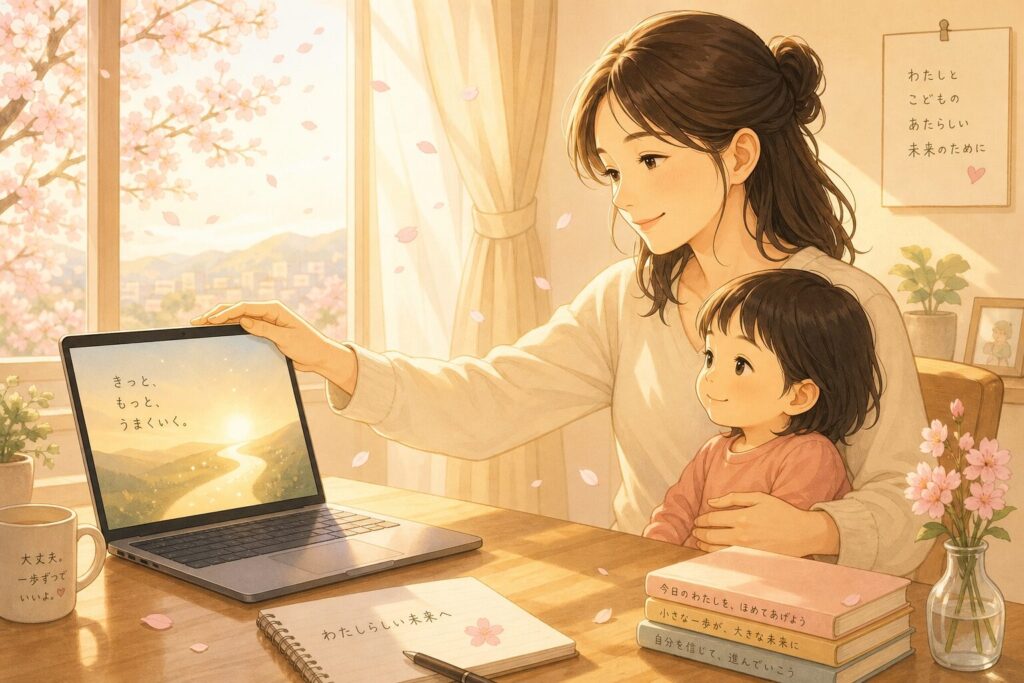 朝日が差し込む窓辺で子どもを抱きながら希望に満ちた表情でPCを開く日本人シンママ。画面には新しい道のイラストが映り、新たな一歩への期待を象徴する