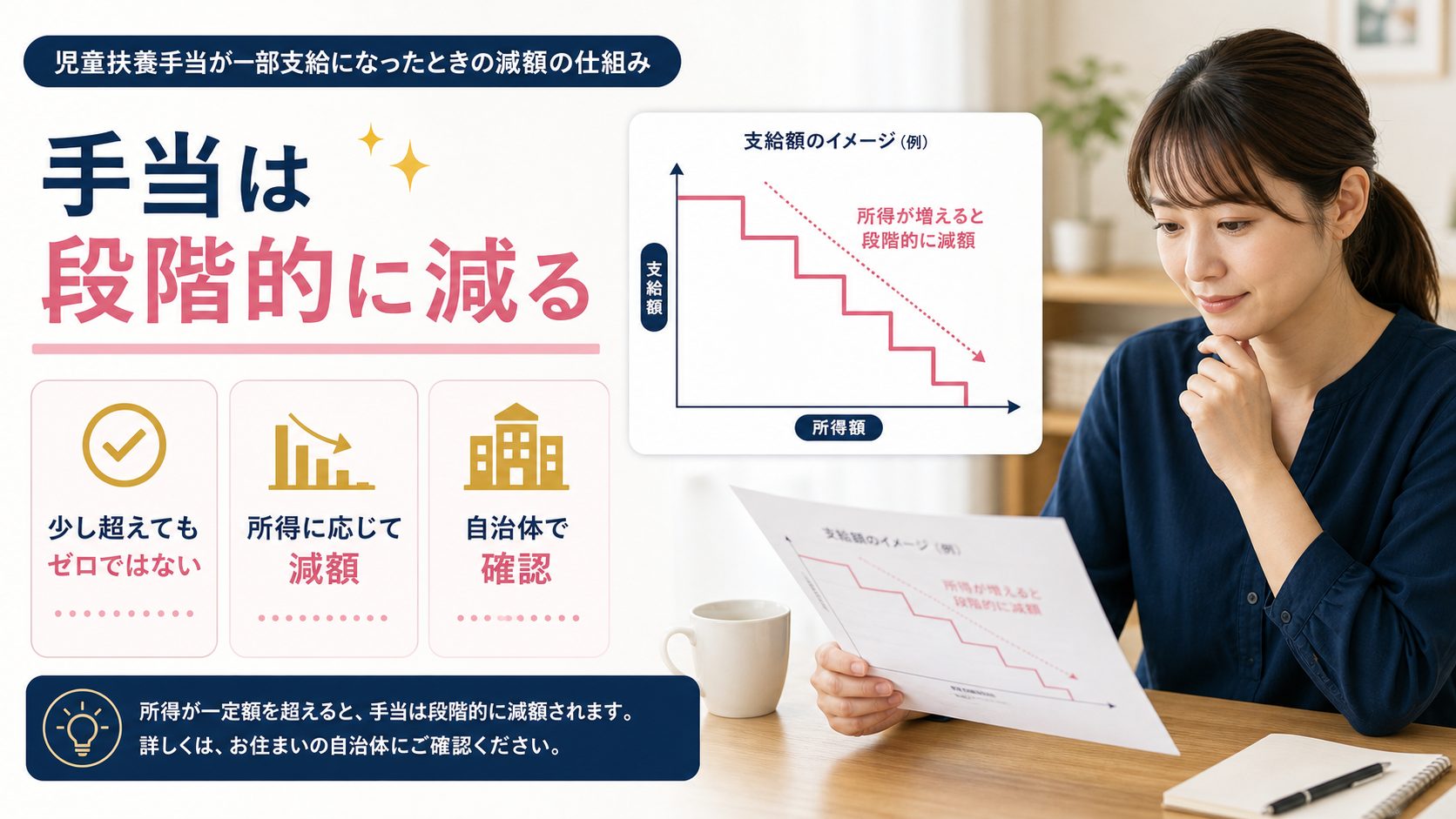 シンママの在宅ワーク教科書の記事「児童扶養手当はいくらまで働ける?在宅ワーク収入と所得限度額ガイド」の見出し「一部支給になったら手当はどのくらい減る?減額の仕組み」を説明する画像。所得が全部支給の限度額を超えた分に応じて手当額が段階的に減っていく仕組み、正確な減額シミュレーションは公的な自動計算ツール・自治体窓口で確認するのが確実、「限度額を少し超えたら手当がゼロになる」わけではないという誤解を解くを図解