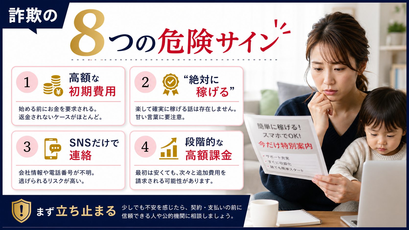 シンママの在宅ワーク教科書の記事「在宅ワーク詐欺の見分け方|今日から使える8つの危険サインと安全な案件の探し方」の見出し「今すぐ確認したい「詐欺の8つの危険サイン」チェックリスト」を説明する画像。高額な初期費用・登録料・教材費を求められる、「絶対に稼げる」「誰でも簡単に月30万」など極端な断定表現、LINE・SNSのみで連絡し、公式サイト・契約書・特商法表記が無いを図解