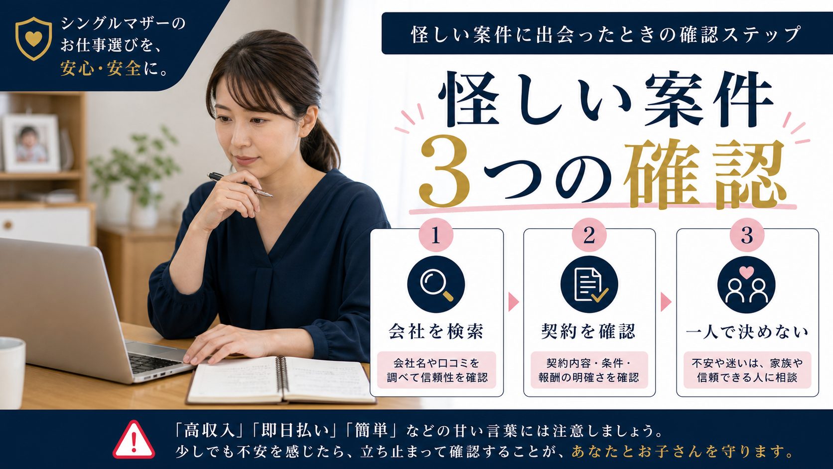 シンママの在宅ワーク教科書の記事「在宅ワーク詐欺の見分け方|今日から使える8つの危険サインと安全な案件の探し方」の見出し「見分け方の実践編:怪しい案件に出会ったときの確認ステップ」を説明する画像