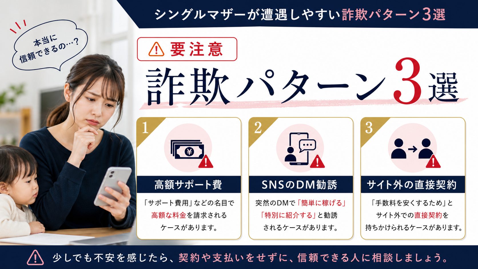 シンママの在宅ワーク教科書の記事「在宅ワーク詐欺の見分け方|今日から使える8つの危険サインと安全な案件の探し方」の見出し「【実例で解説】シングルマザーが遭遇しやすい詐欺パターン3選」を説明する画像。パターン①:データ入力・タイピングを装った高額サポート費請求、パターン②:SNSのDMから誘われる「在宅ワーク女性コミュニティ」、パターン③:クラウドソーシングサイト外での直接契約を持ちかける「エスクロー外し」を図解