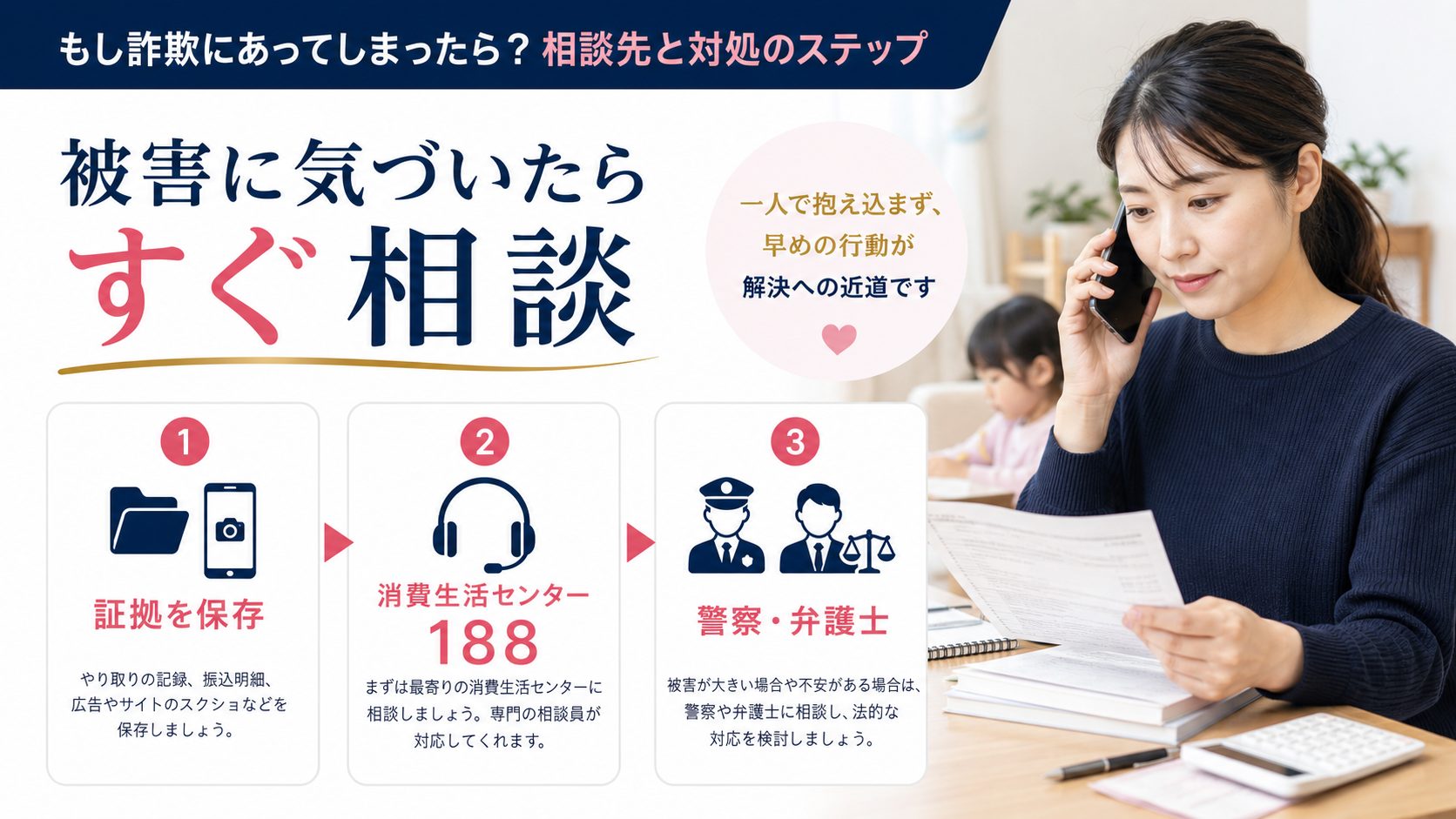 シンママの在宅ワーク教科書の記事「在宅ワーク詐欺の見分け方|今日から使える8つの危険サインと安全な案件の探し方」の見出し「もし詐欺にあってしまったら?相談先と対処のステップ」を説明する画像。消費生活センター(188番)への相談、警察・弁護士に相談すべきタイミング、お金を払った後でも諦めない(返金交渉・クーリングオフが使える可能性)を図解