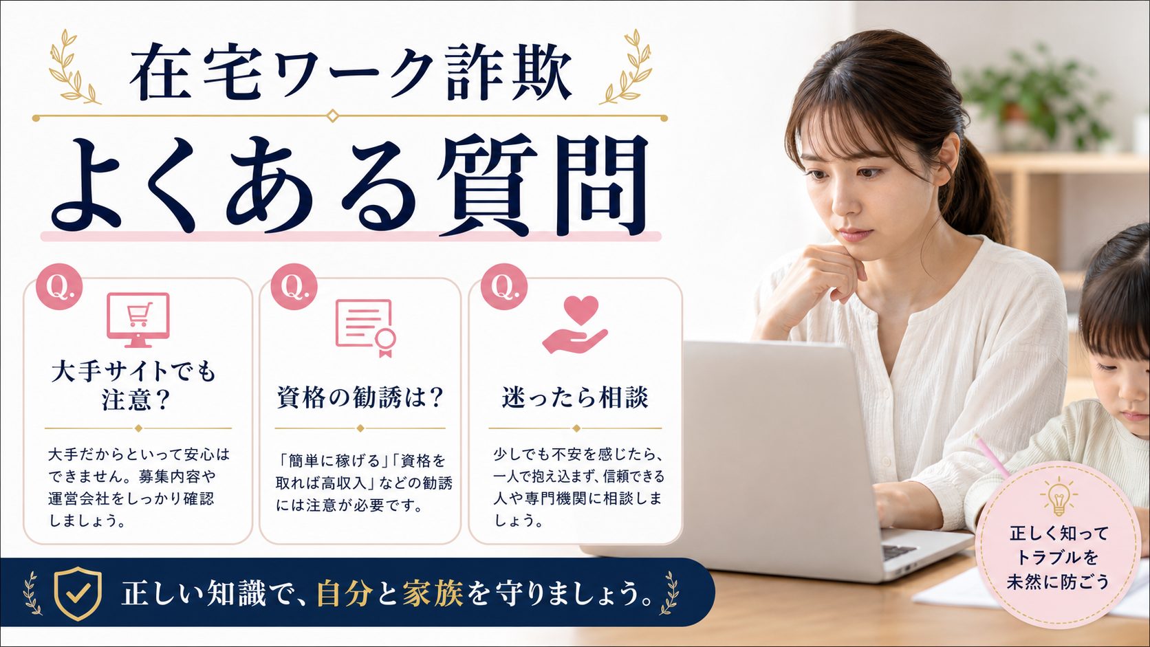 シンママの在宅ワーク教科書の記事「在宅ワーク詐欺の見分け方|今日から使える8つの危険サインと安全な案件の探し方」の見出し「よくある質問(Q&A)」を説明する画像。Q. クラウドワークスやランサーズのような大手サービスでも詐欺はある?、Q. 「在宅ワークに役立つ資格」を勧められたら、それも詐欺?を図解
