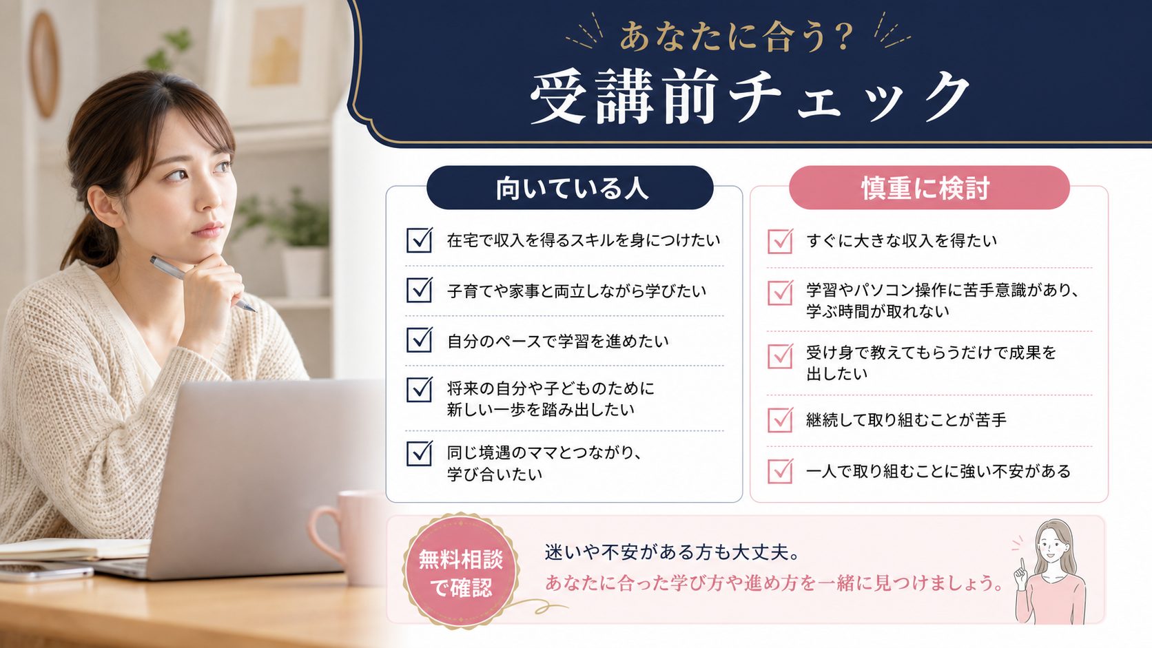 シンママの在宅ワーク教科書の記事「ひとり親がWebデザインを学ぶならココ！MamaEduプロジェクトの特徴」の見出し「MamaEduプロジェクトをオススメできる人・できない人【チェックリスト】」を説明する画像。向いている人の特徴とメリット、受講をオススメできないケースとデメリット、無料カウンセリング予約から判断するコツを図解